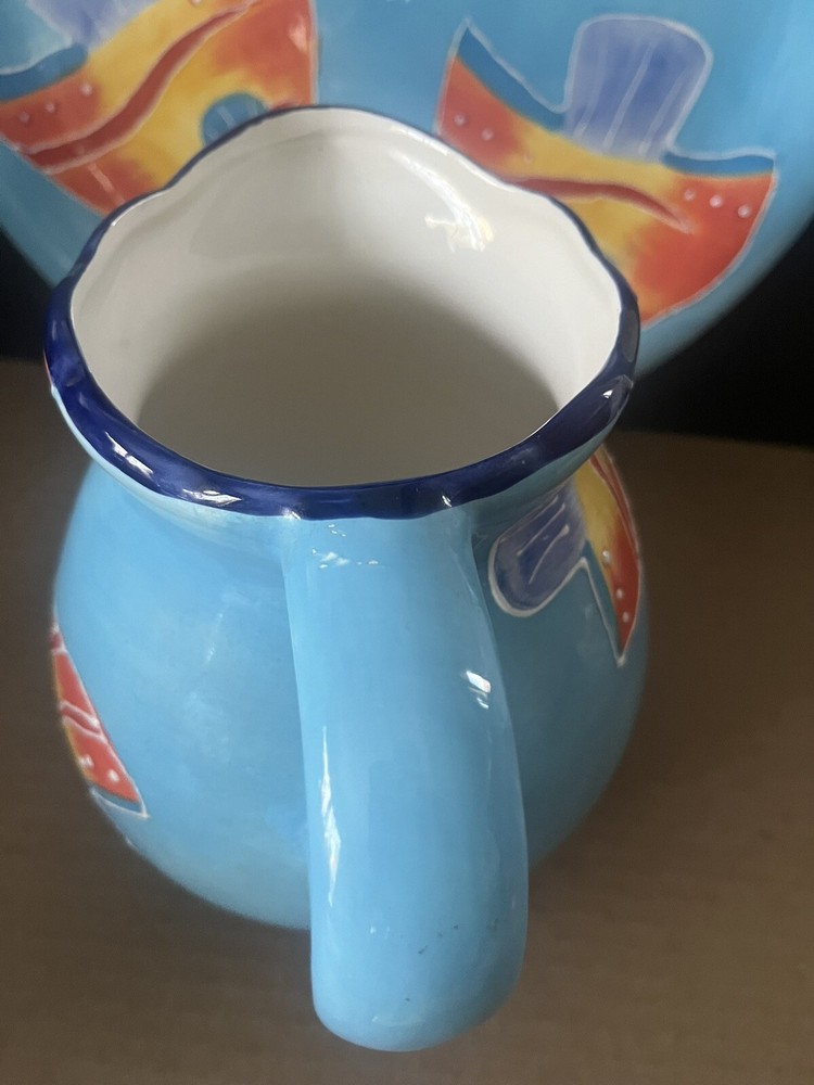 Vintage Baum Bros Hand Painted Fish Design Pitcher & Plate 2 Piece Set .
