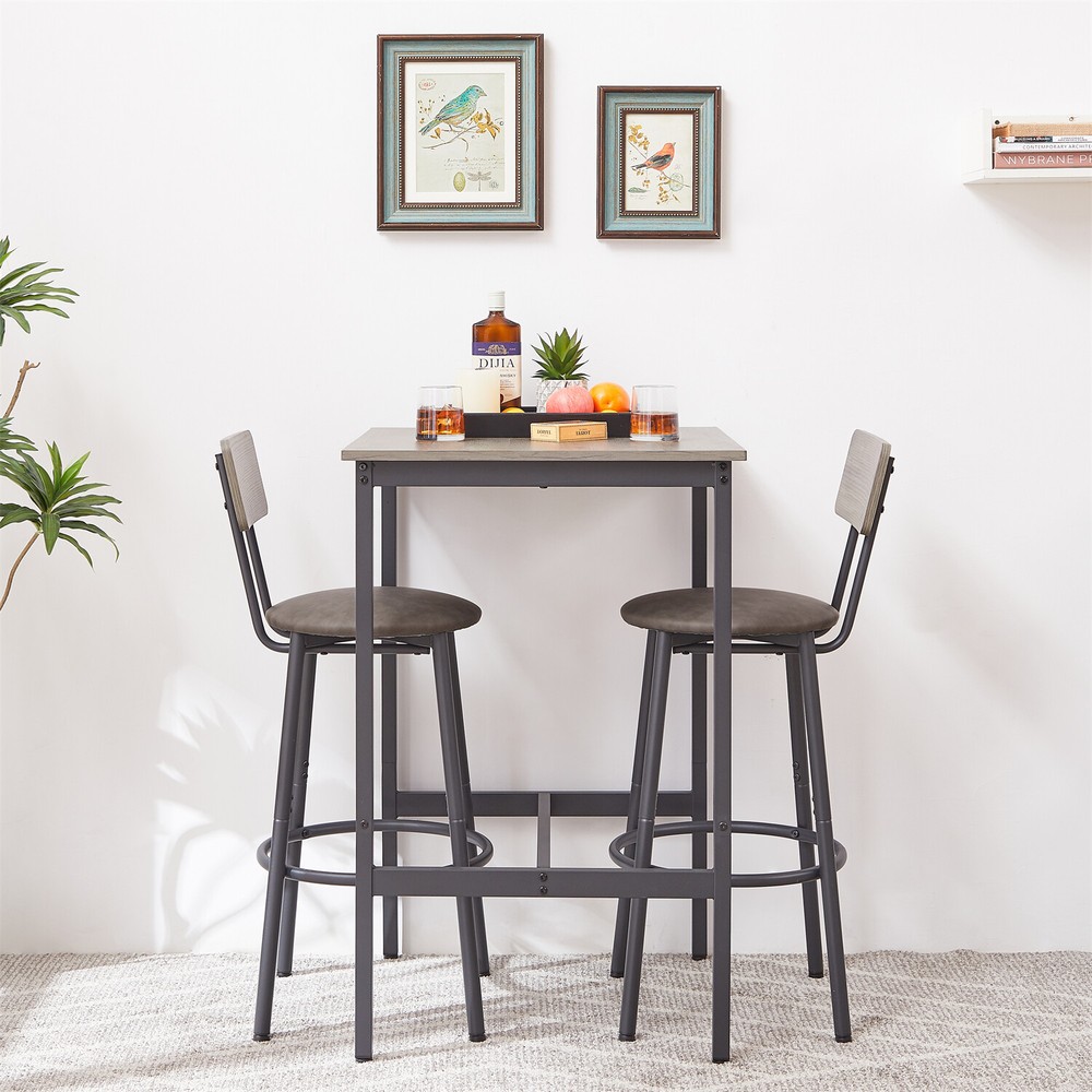 3 Piece Bar Tables Set Counter Height Dining Kitchen Table w/ 2 Bar Stool Grey
