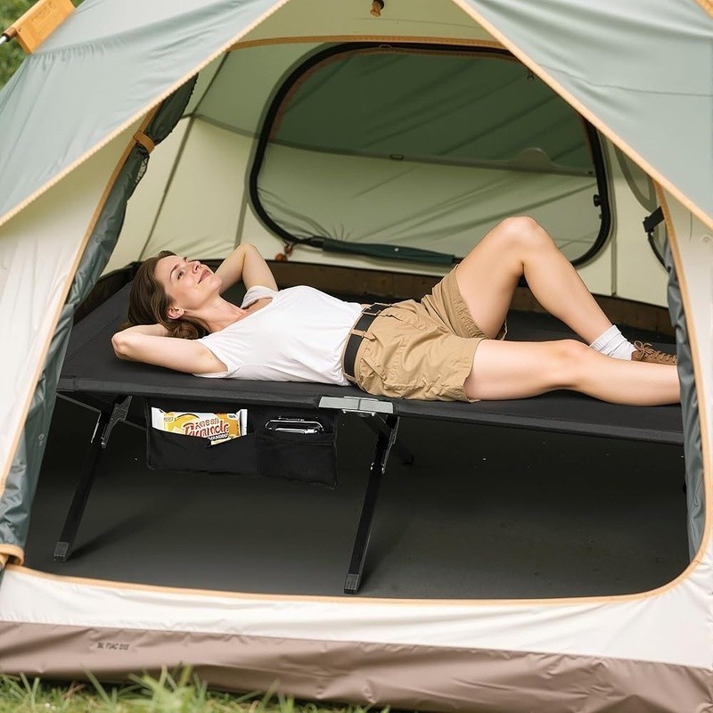 Portable Camping Cot Lightweight Foldable Bed W/ Side Pocket Quick Setup New