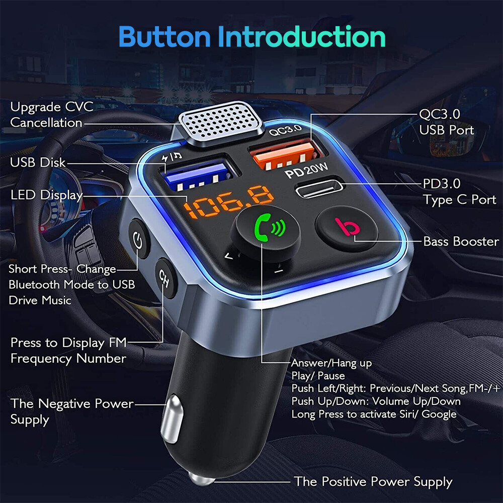 Bluetooth 5.0 Car Wireless FM Transmitter Adapter 2 USB PD Charger Hands-Free