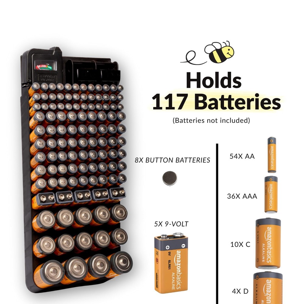 Battery Organizer and Storage Case with Tester - Battery Storage Box for Wall...