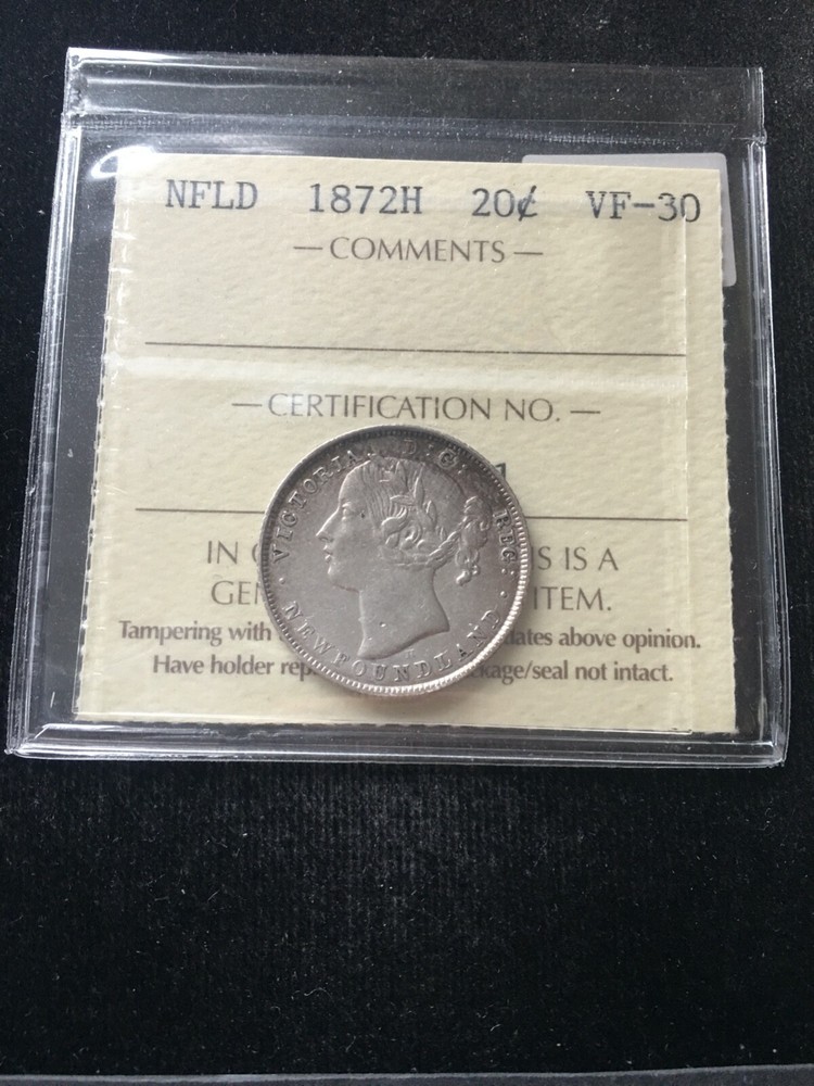 1872H  ICCS Graded Newfoundland  ¢20 Cent, **VF-30**