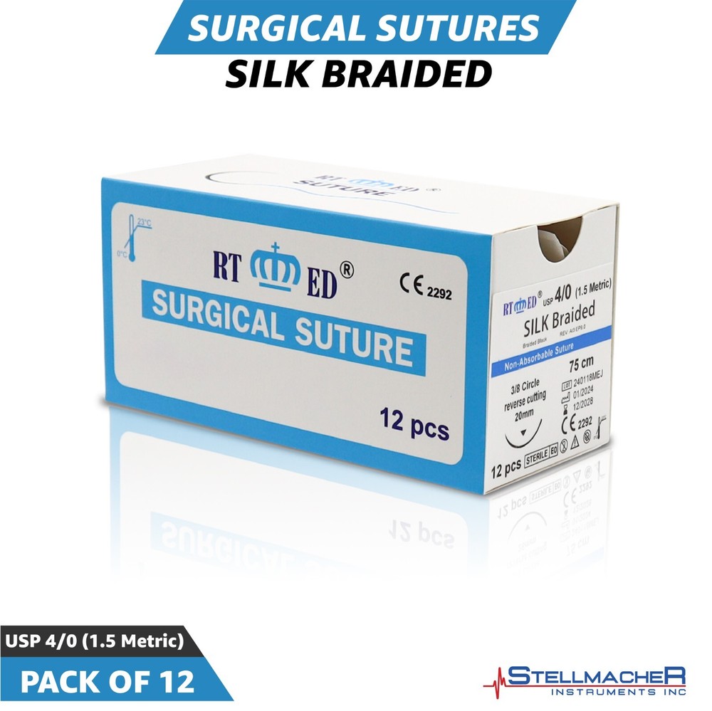 4/0 Silk Suture Practice Thread Kit Sterile Sutures Threads with Needle 12 Pack