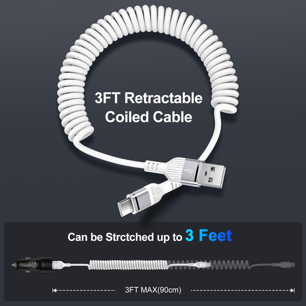3FT Coiled USB C Cable for iPhone 17 Pro Max/16, [White] A to 3 ft, White