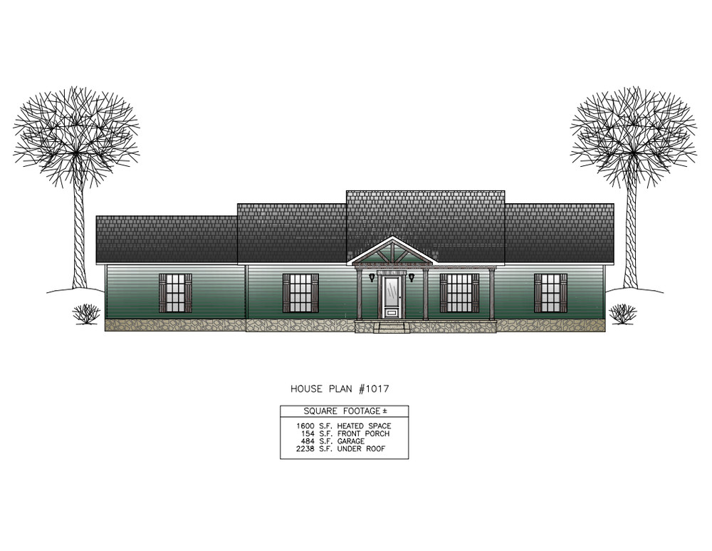 Ranch House Plans 1600 SF Open Floor/Split 3 Bed 2 Bath (Blueprints) #1017