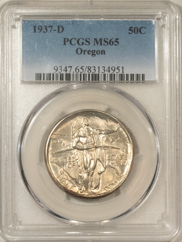 1937-D OREGON COMMEMORATIVE HALF DOLLAR - PCGS MS-65, FRESH WHITE GEM!