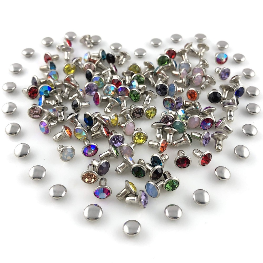 Mixed Colors CZ Crystal Rivets 100 Sets 6MM Rhinestone Rapid Studs Silver