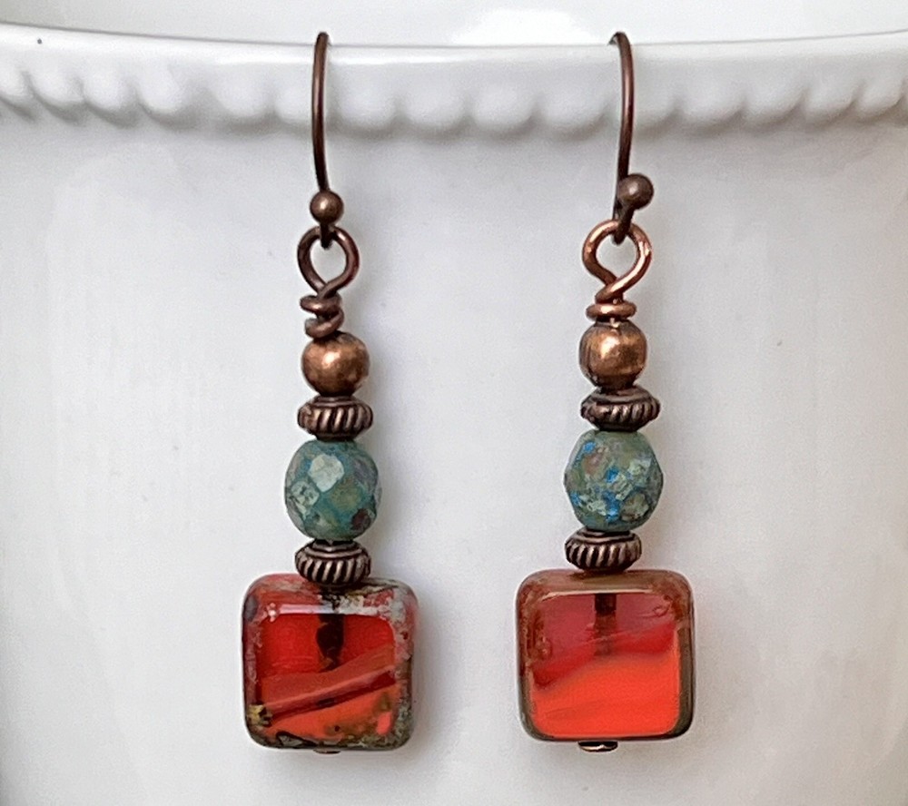 Copper, Rustic Coral and Teal Dangle Earrings.