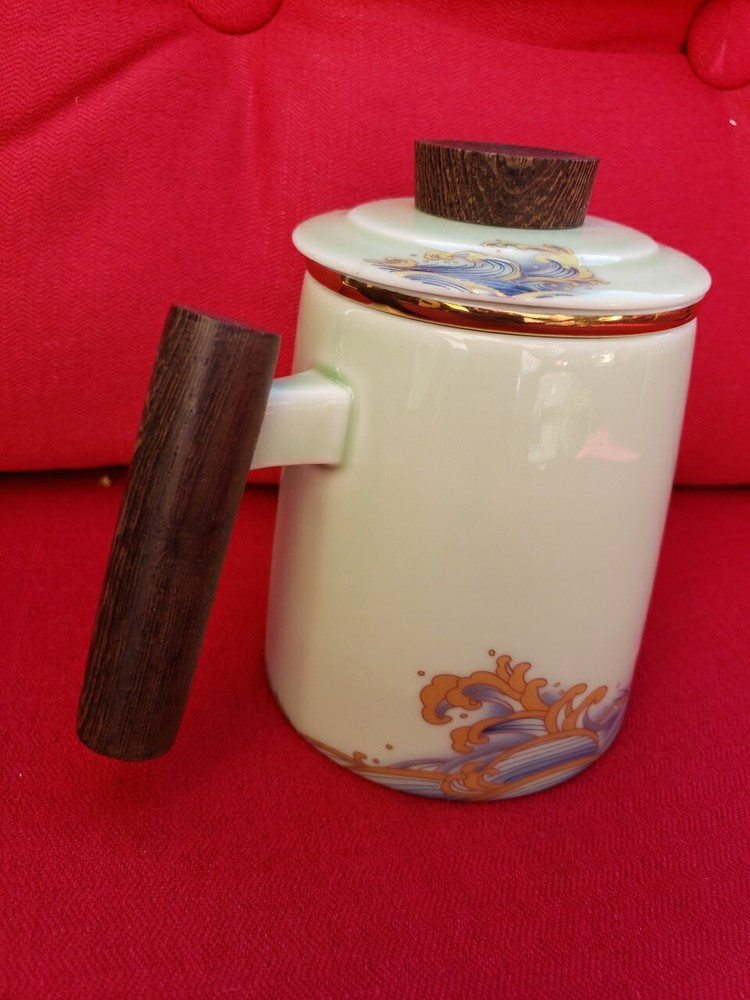 Tea Cup with Infuser and Lid,Ceramic Tea Infuser Mug Solid Wooden Handle,15.2 oz