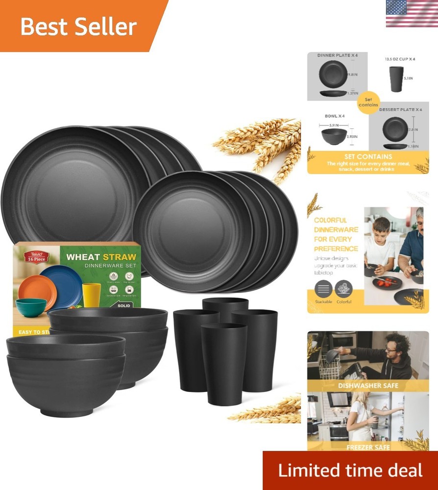 16-Piece Kitchen Plastic Wheat Straw Dinnerware Set, Service for 4, Dinner Pl...