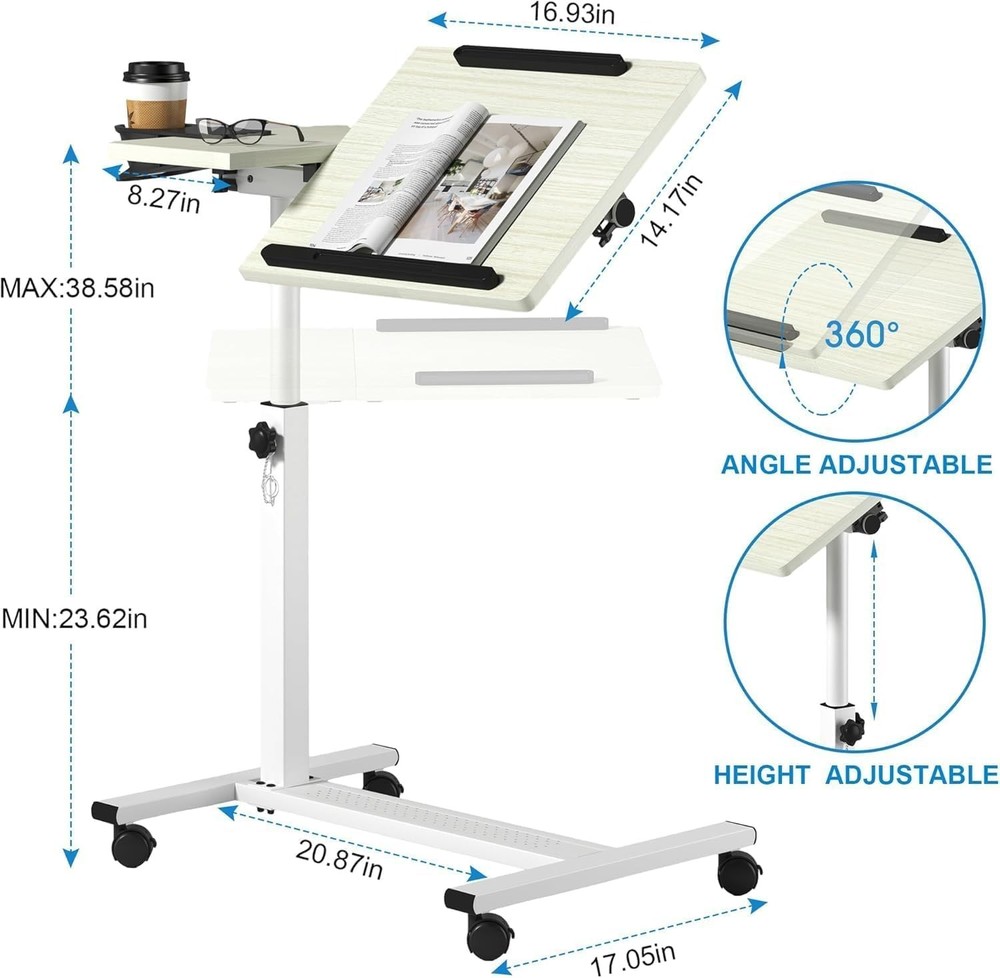 Height Adjustable Rolling Laptop Stand, Overbed Table with 2 Tilting Desktops...