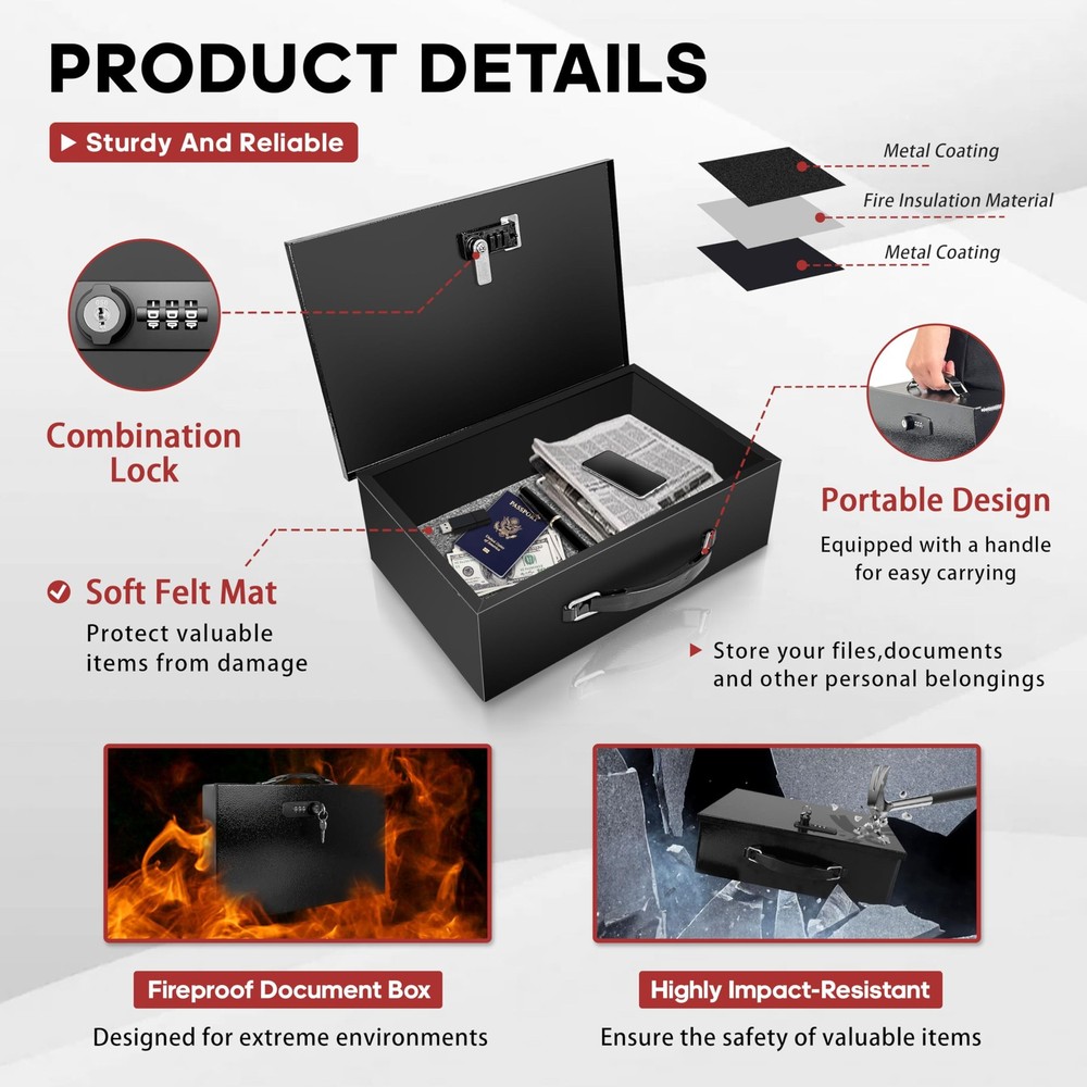 Fireproof Lock Box with Key and Combination Lock, Fire Safe Document Box, Por...