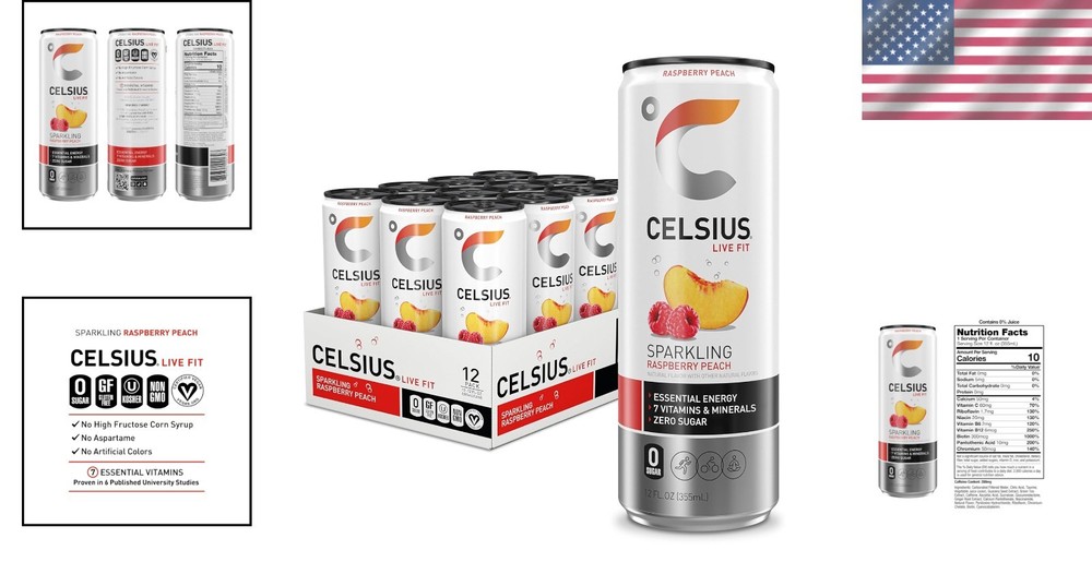 Refreshing Sparkling Raspberry Peach Energy Drink - 200mg Caffeine, 12oz Cans