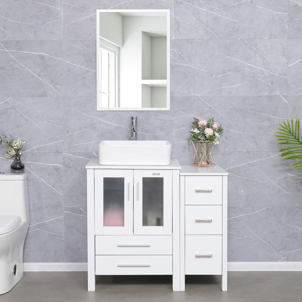 36" White Bathroom Vanity Combo Ceramic Rectangle Vessel Sink Set No Mirror