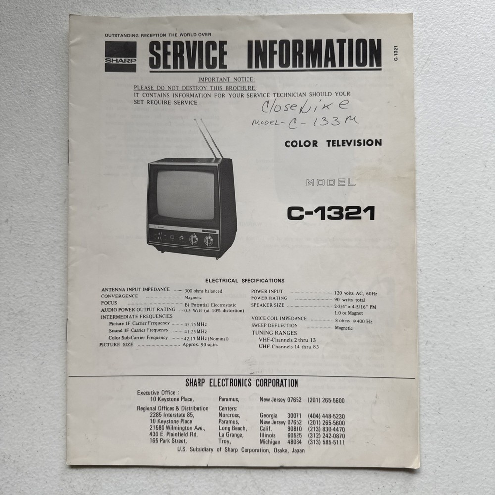 Sharp Electronics Color Television Model C-1321 Service Information