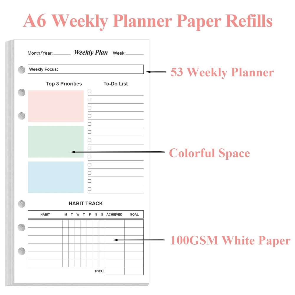 (2-Pack) A6 Weekly Planner Refills for Filofax Personal 2-Pack, White