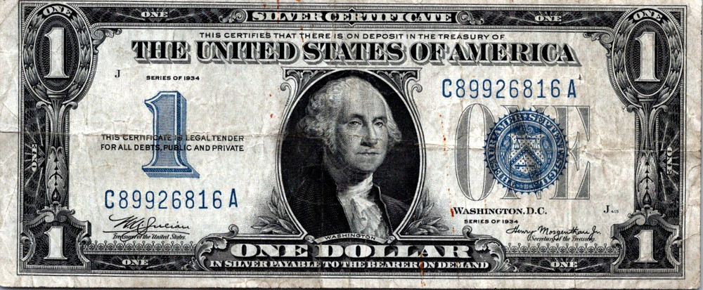 1934 $1 Silver Certificate "Funny Back" Fr. 1606 VF