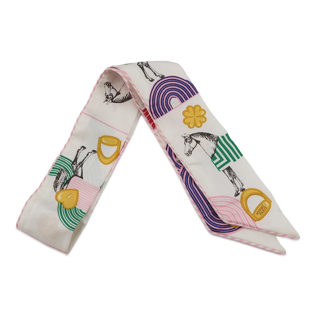 HERMES Twilly Garde Robe Pop Silk100% Blanc/Multicolor