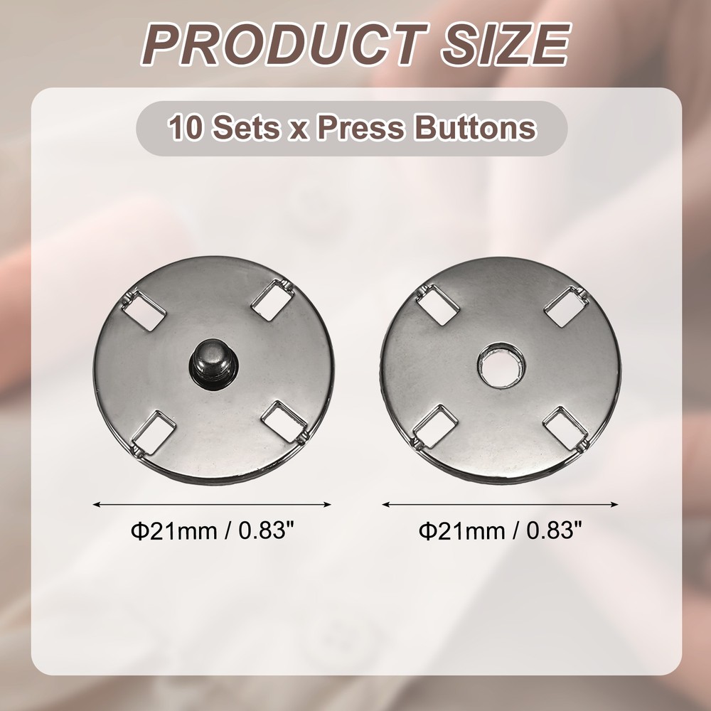 10 Sets Sewing Snap Buttons, Press Buttons Snap Fasteners 21mm, Brown