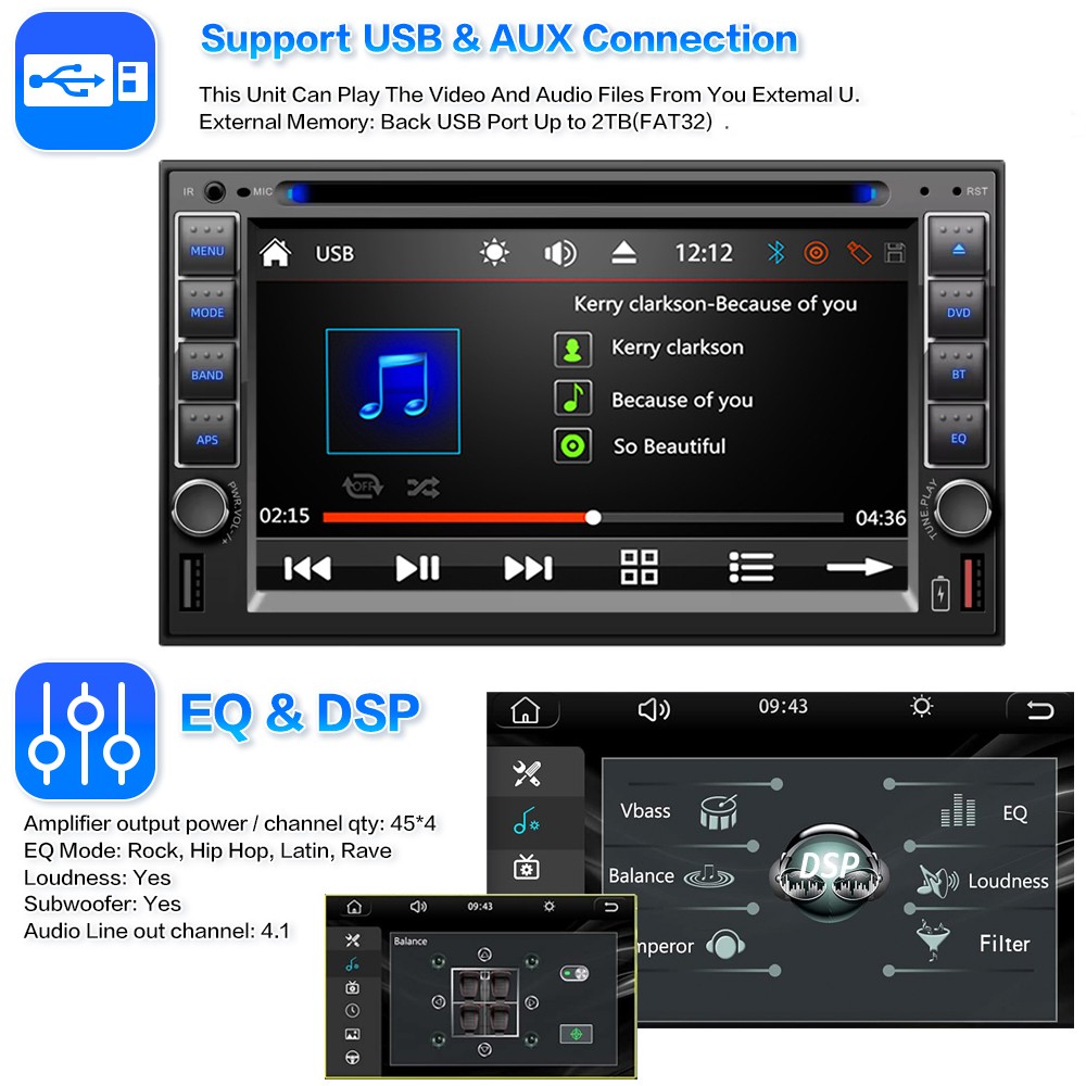 Touch Screen 6.2" 2 Din USB/SD/AUX Stereo Bluetooth Remote control DVD/CD Player