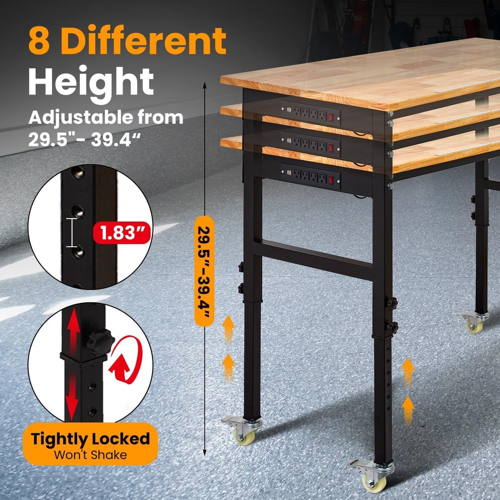 48" Adjustable Workbench 2000Lbs Load Work Bench with Pegboard & Power Outlets