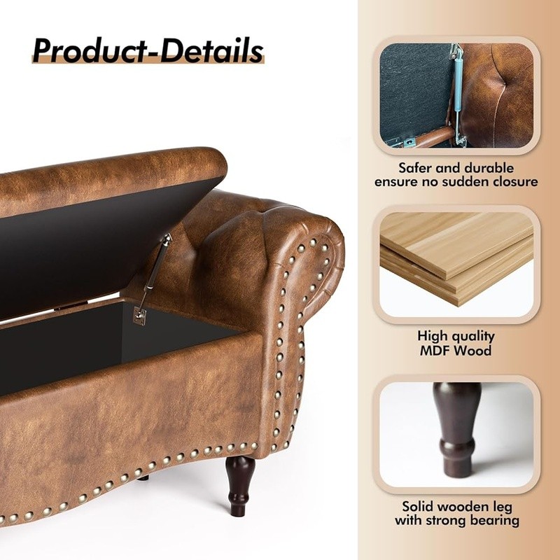 Upholstered Storage Bench Multi-Functional Ottoman Shoe Change Seat Wood Frame