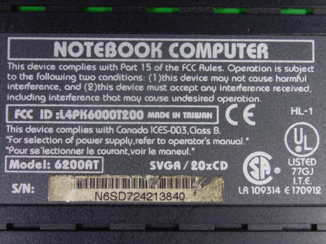 Kapok 6200AT Notebook Computer Without Power Supply ! AS IS !