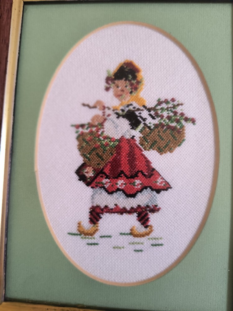 2 SMALL FRAMED Signed NEEDLEPOINT Cross Stitch 8" By 6 1/2"