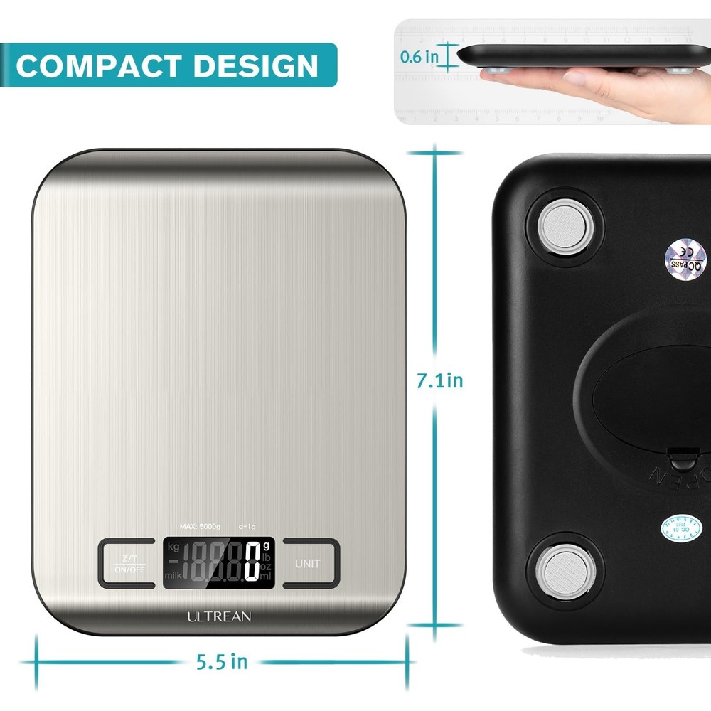 High Precision Kitchen Scale - Tare Function & Slim Design, 304 Stainless Steel