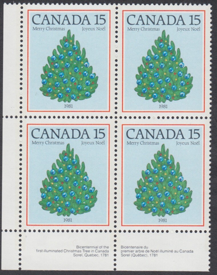 Canada - #902 Christmas Tree Plate Block - MNH