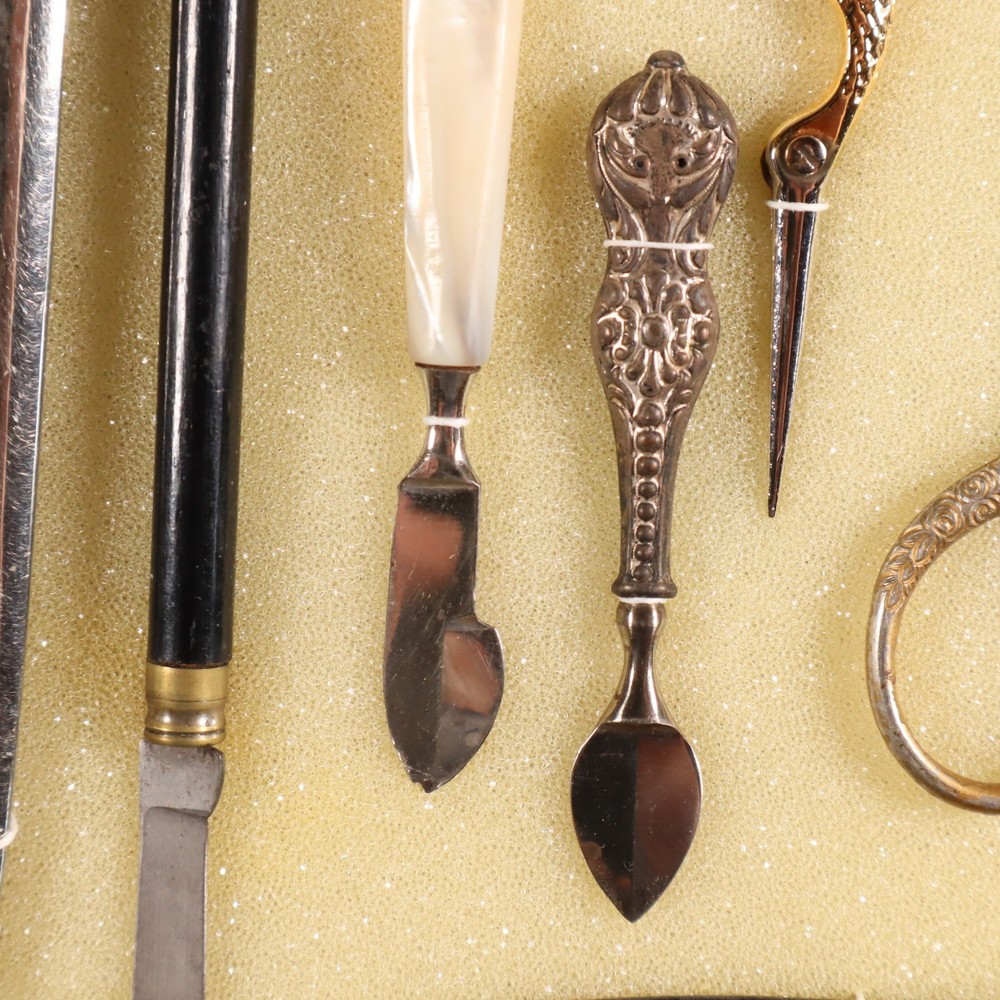 Antique Sewing Tools Scissors Quill Knives Thread Snips Display See Description