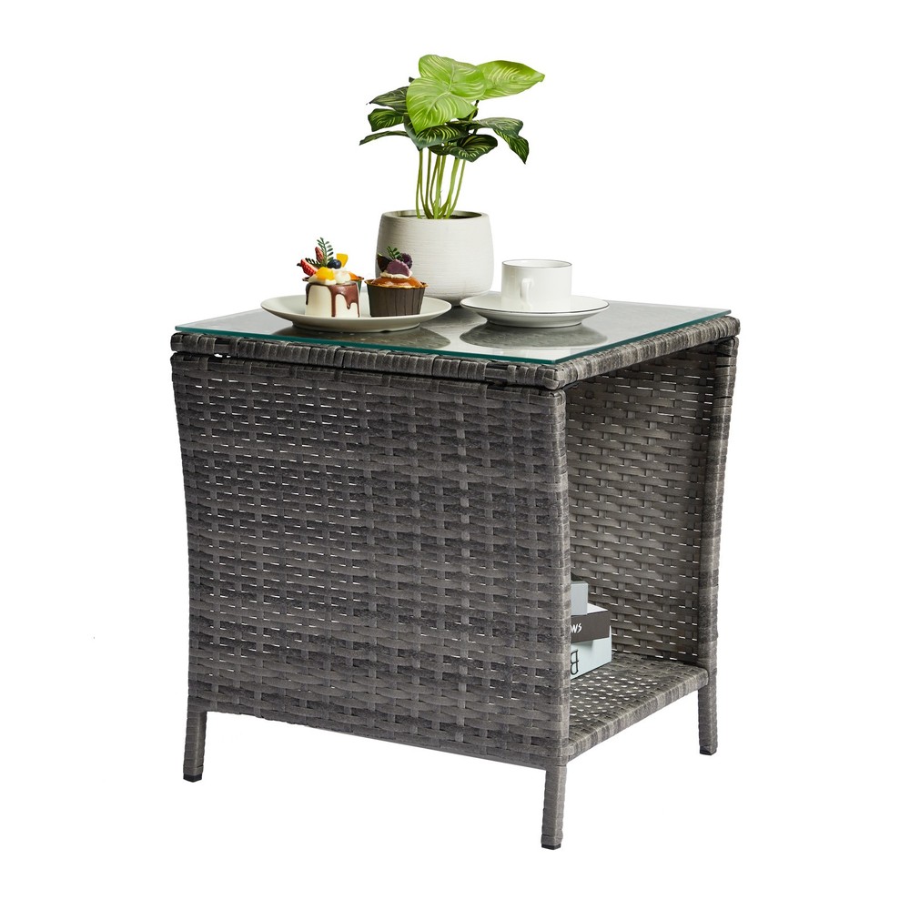 Outdoor Patio Wicker Side Table, Square End Table Bistro Coffee Table