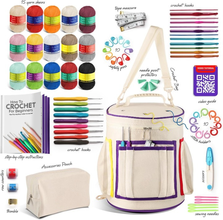 Crochet Kit for Beginners with Yarn Hooks Bag Accessories Video Tutorial