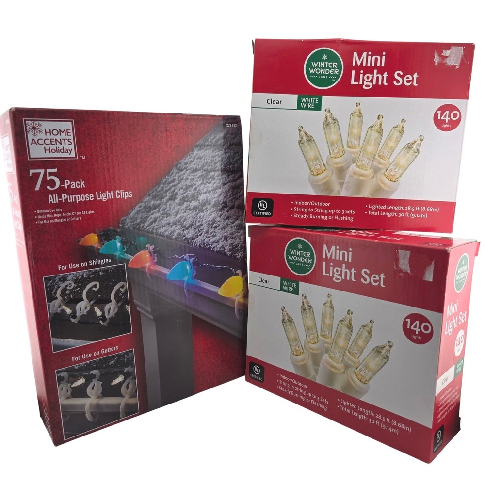 Christmas Lights Assorted Bundle Clear White Wire 280 Lights 75 Clips