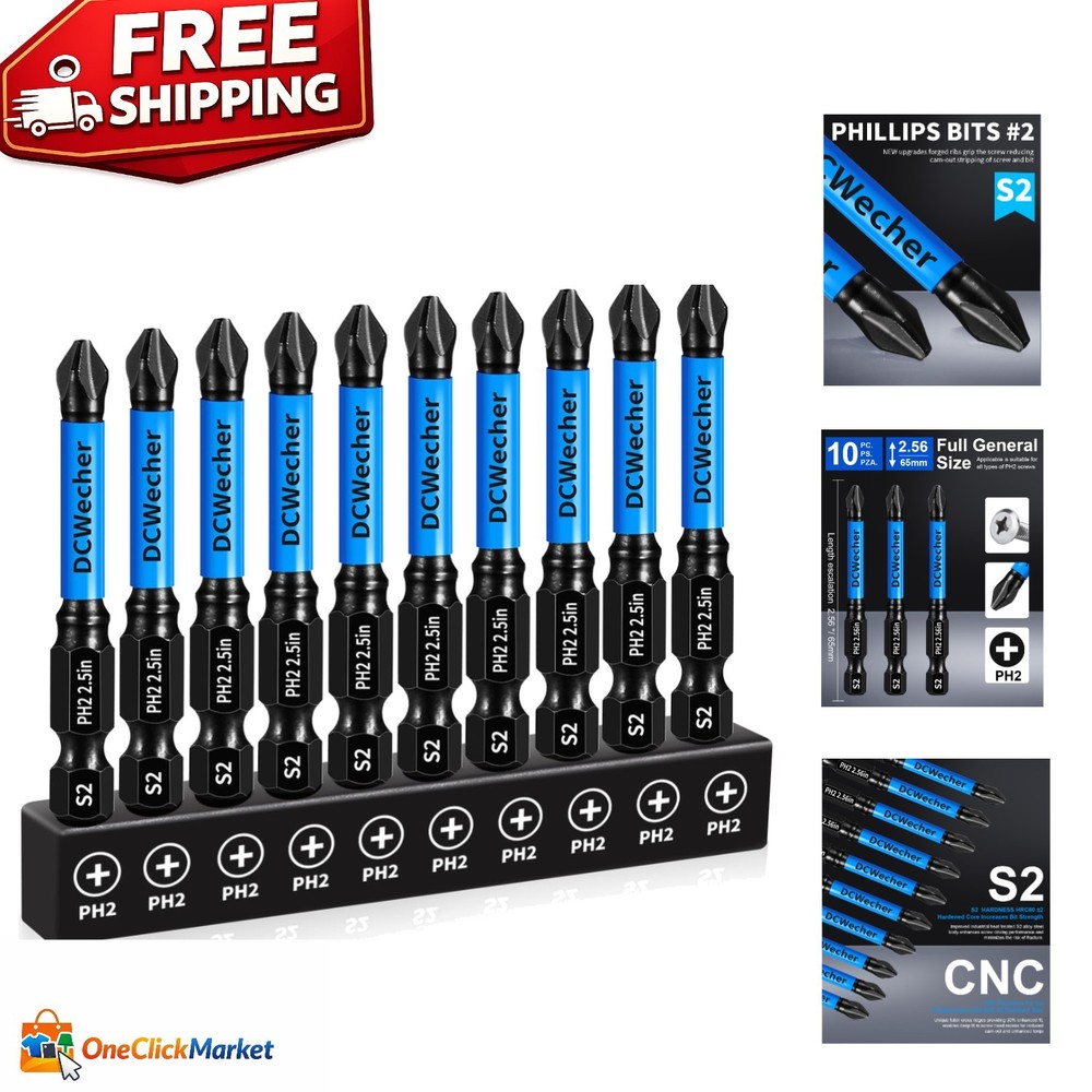 Precision 2.5-Inch S2 Steel Phillips Drill Bits - 10 Magnetic Impact Bits