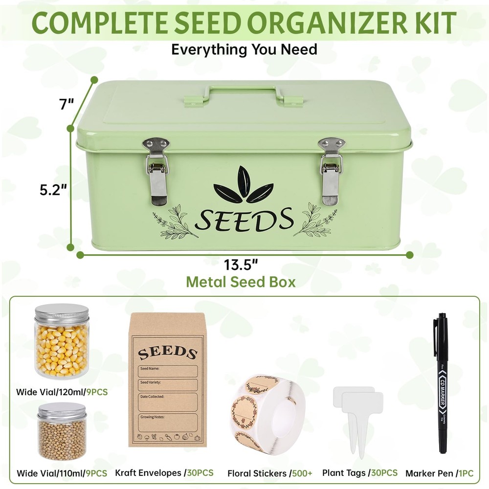 Spring Seed Storage Organizer | 3-Compartment Metal Seed Box with Locking Lid...