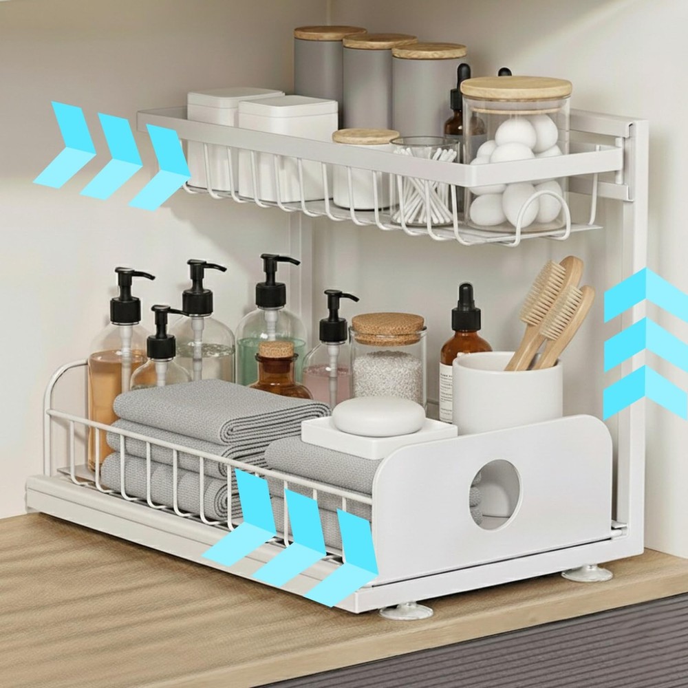 Under Sink Organizer, 1 Pack, 2 Tier Pull Out Sliding Shelf, Adjustable Heigh...