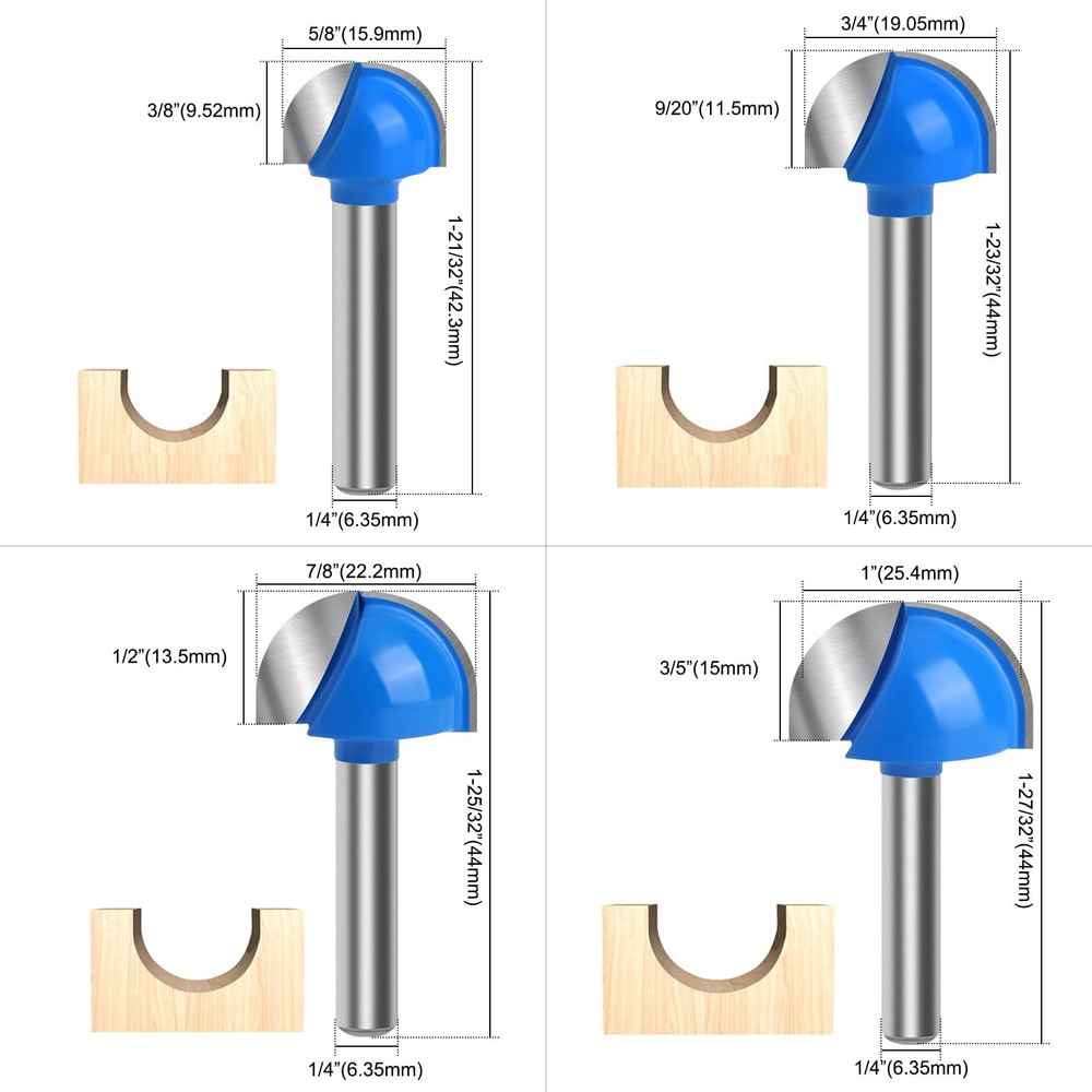 Core Box Router Bit Set, 8Pcs Solid Carbide 1/4 Inch Shank Woodworking Tool w...