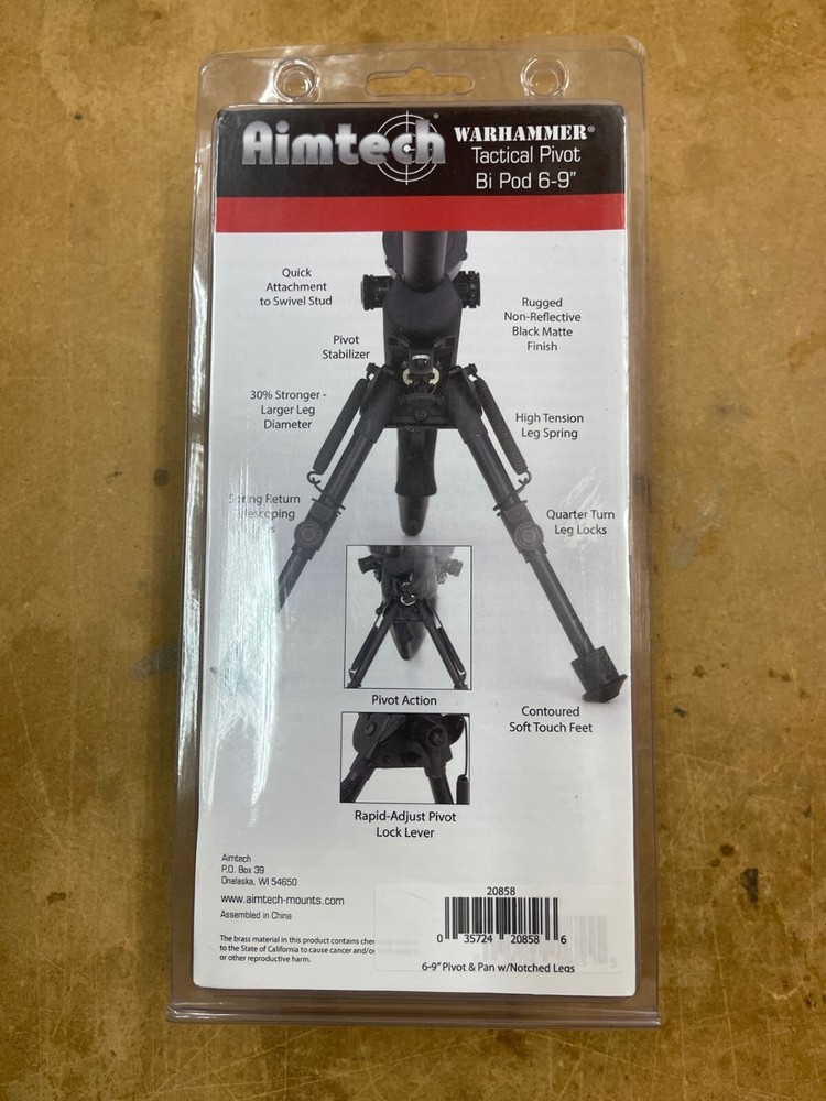 Aimtech Warhammer 6-9" Pivot & Pan Bipod Harris Style Stud Mount Notched 20859
