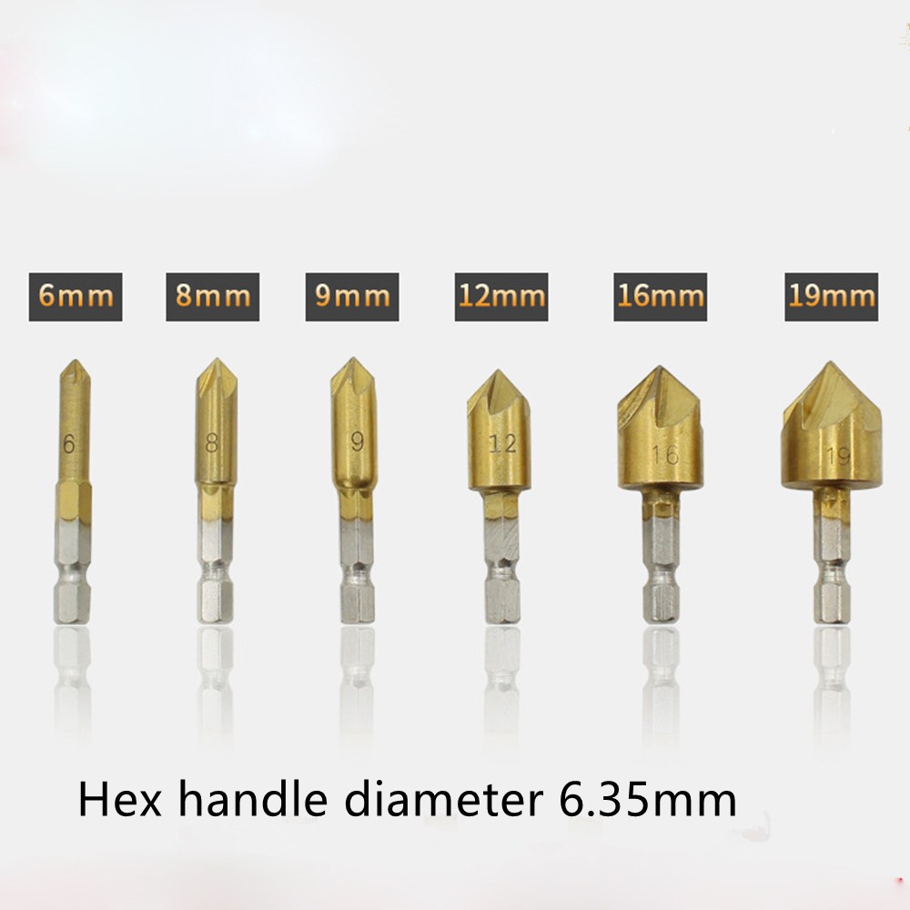6Pack 1/4" Hex Shank Countersink Tool Drill Bit Set 6mm-19mm Sink Chamfer Cutter