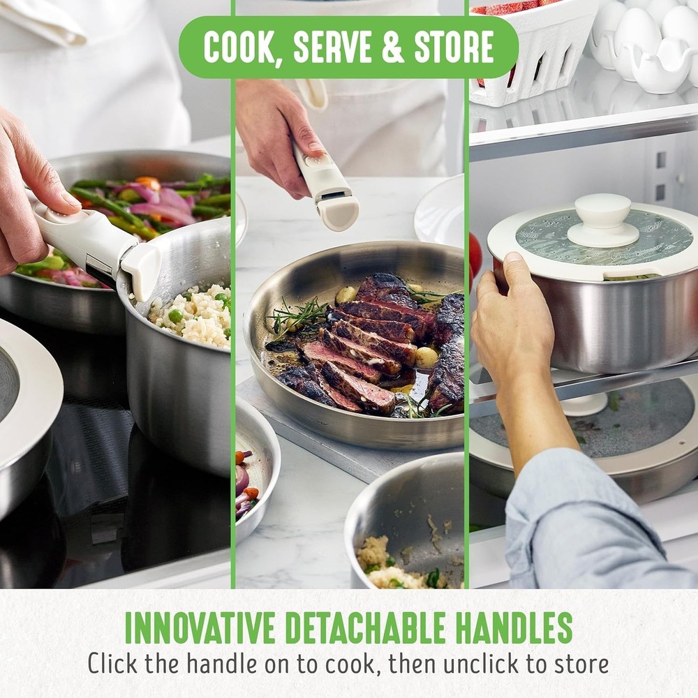 10 Piece Stainless Steel Pots and Pans, Detachable & Stackable Kitchen Set, Tri