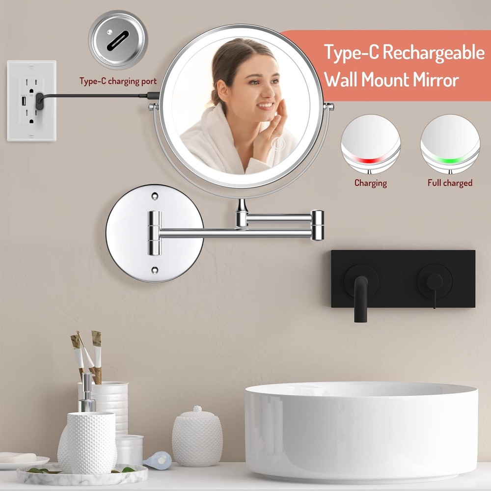 Rechargeable Wall Mounted Lighted Makeup Mirror Chrome, 8 Inch Double-Sided L...