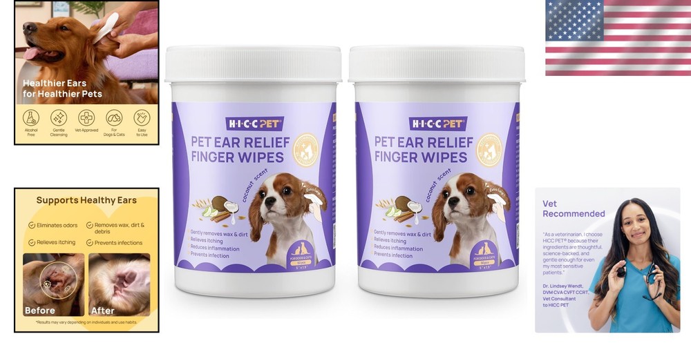 Dual-Sided Ear Cleaner Finger Wipes for Pets - 100ct, Biodegradable & Effective