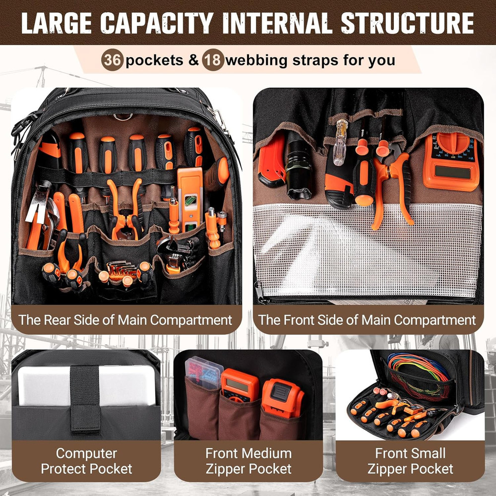 Durable Tool Backpack with Laptop Compartment & Molded Base, 1680D Oxford