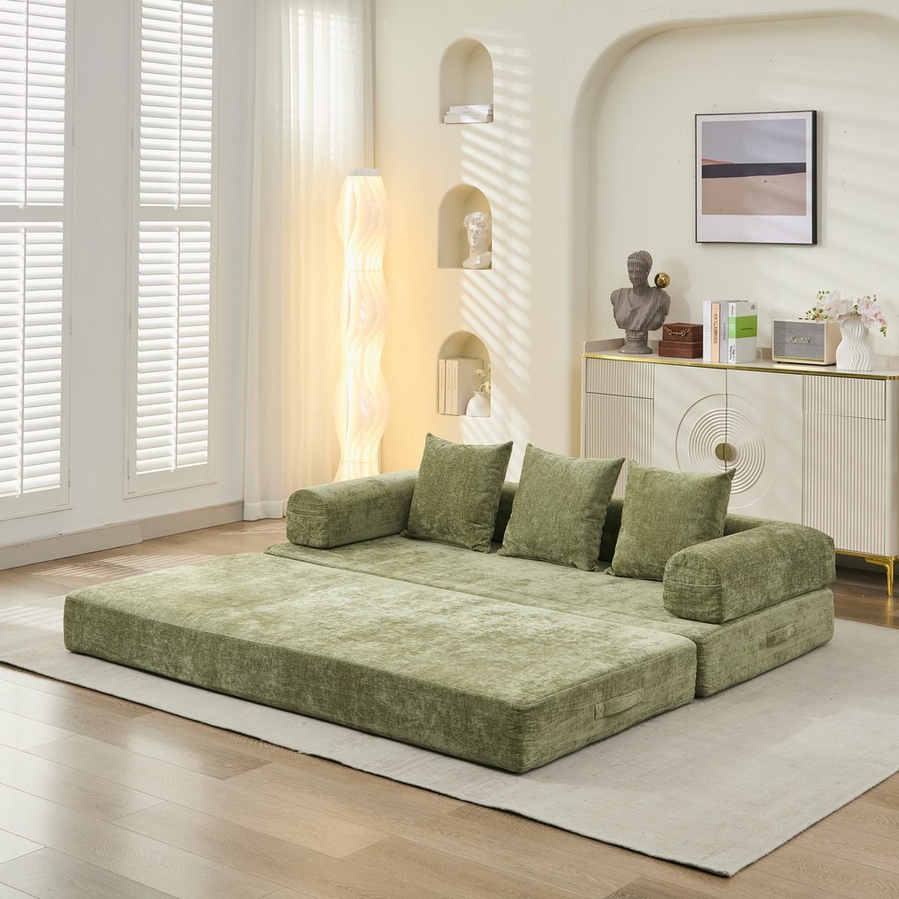 Multi-Functional Floor Sofa Convertible Folding Chenille Bed Sofa Couch Green