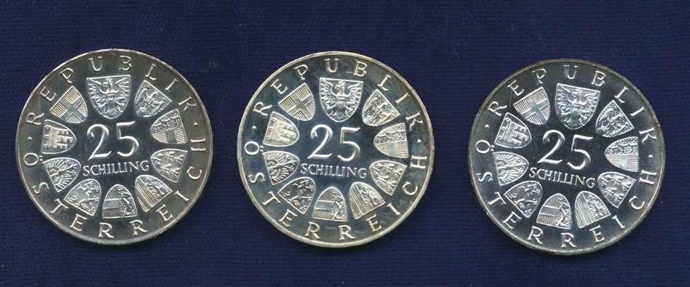 AUSTRIA 25 SCHILLING PROOF SILVER COINS: 1966, 1967, & 1968