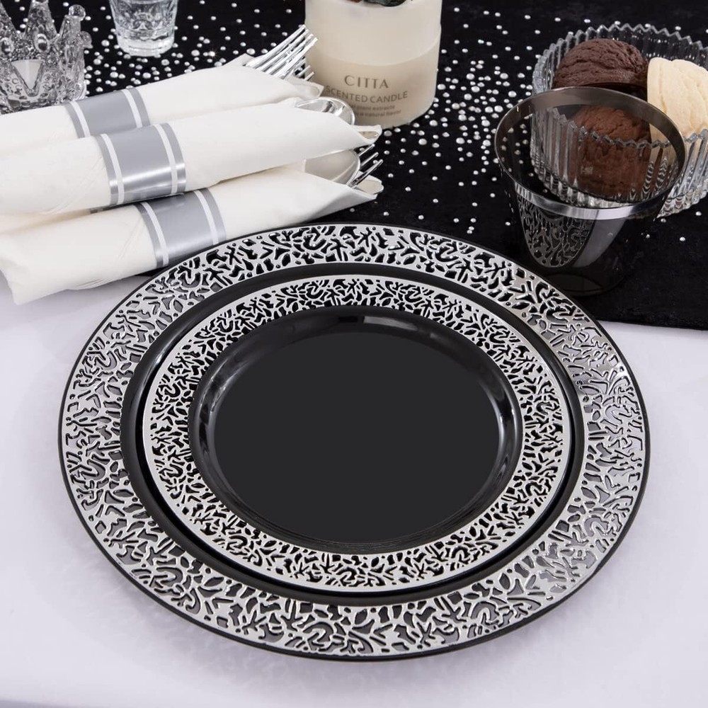 210 disposable black plastic plates with prepackaged silverware and cups