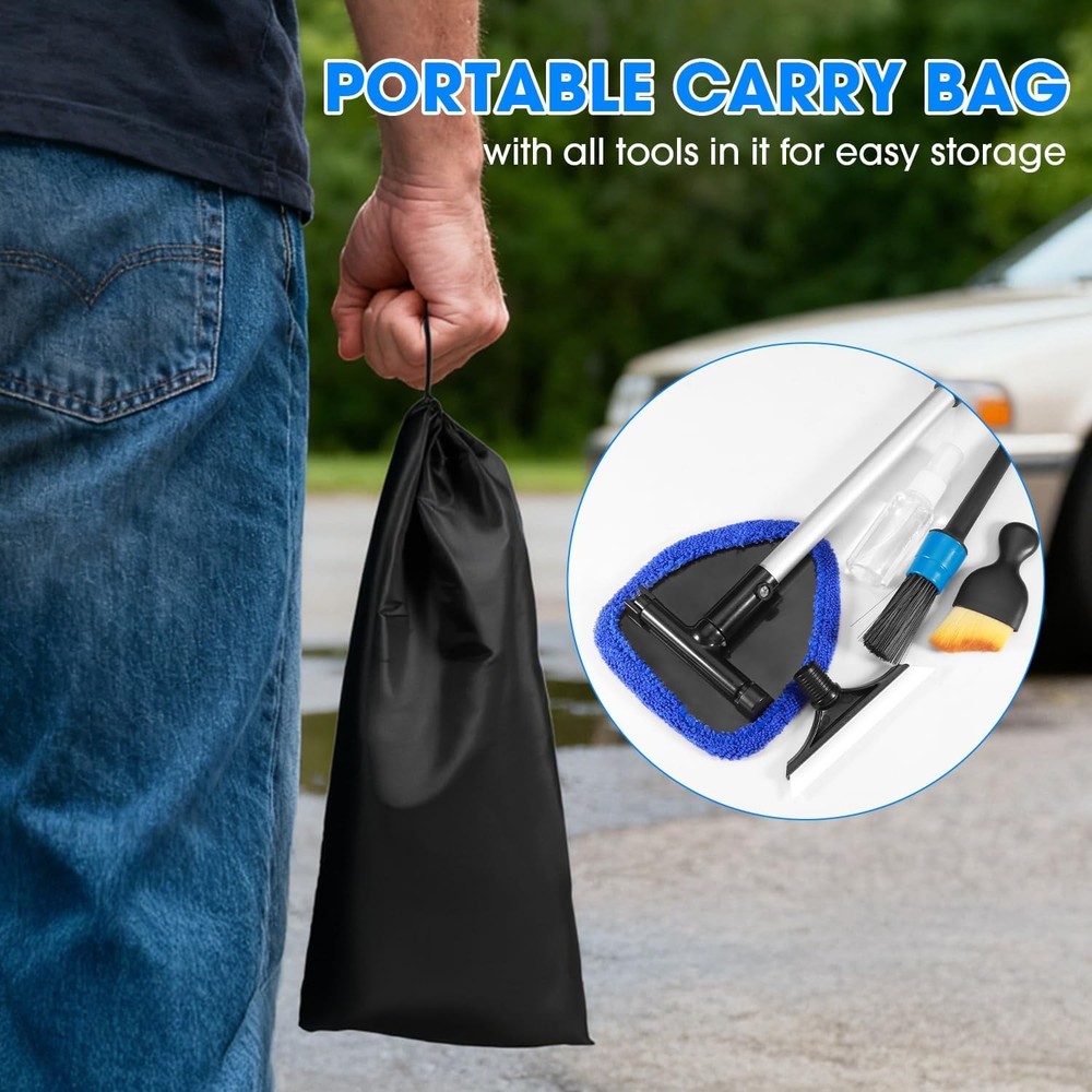 Windshield Cleaner Tool, Car Interior Cleaning Kit with Extendable Handle and 3