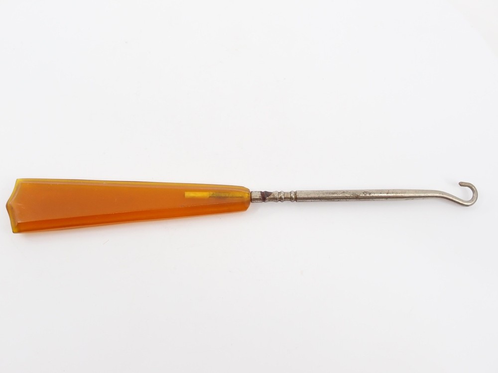 Vintage 1920s Celluloid Handle Buttonhook Amber & Cream Marbled Vanity Tool