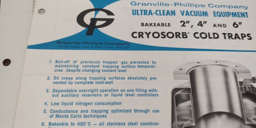 1964 ~ Granville Phillips Co ~ Specs Bulletin CRYOSORB COLD TRAPS